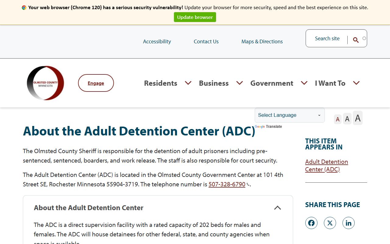 Olmsted County Adult Detention Center overview for inmate population capacity