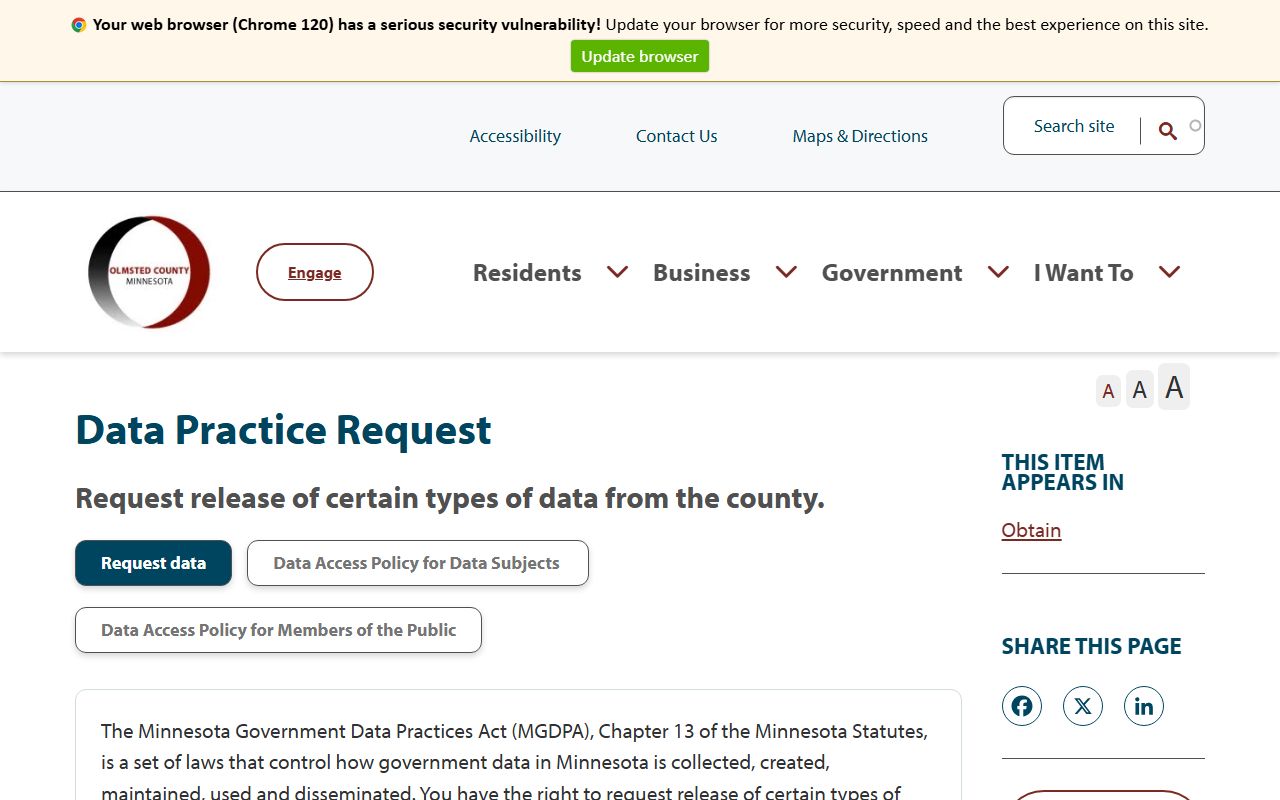 Olmsted County data practices request page for booking photo records