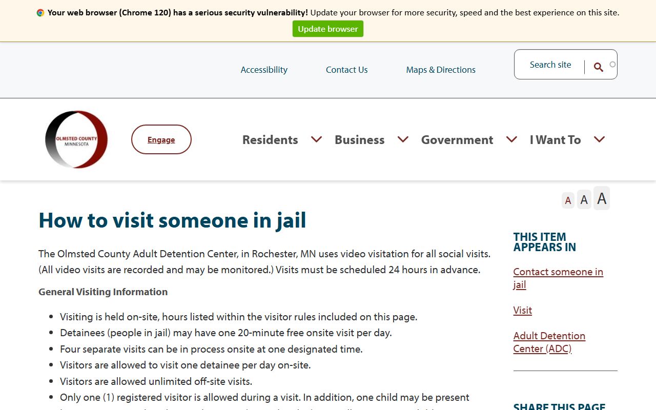 Olmsted County Adult Detention Center video visitation schedule