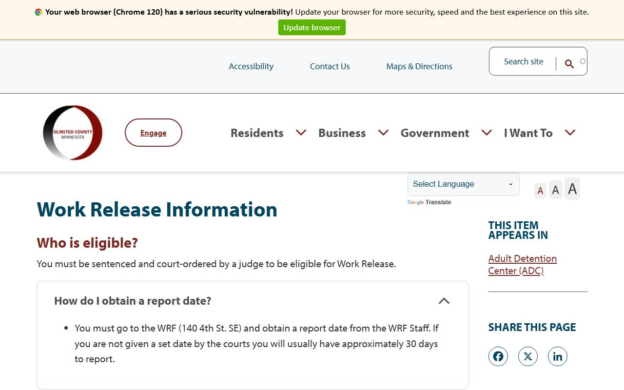 Olmsted County Work Release Facility custody and work release rules